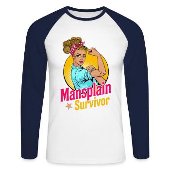 Mansplain Survivor - T-shirt baseball manches longues Homme - blanc/marine - Devant - Nik (191cm)