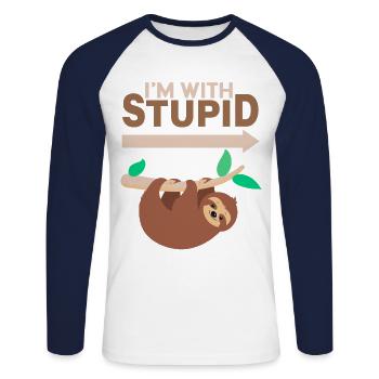 I'm With Stupid - Sloth - Unisex Long Sleeve Baseball T-Shirt - white/navy - Front - Nik (191cm)