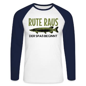 Rute raus der Spass beginnt, Fisch, Angler, Angeln - Unisex Baseballshirt langarm - Weiß/Navy - Vorne - Nik (191cm)