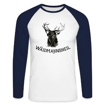 Waidmannsheil, Geweih, Jäger, Jagen - Unisex Baseballshirt langarm - Weiß/Navy - Vorne - Nik (191cm)
