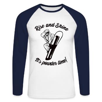 Snowboard - Rise and Shine, It's powder time - Unisex Long Sleeve Baseball T-Shirt - white/navy - Front - Nik (191cm)