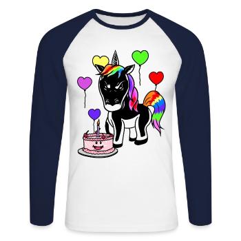 Joyeux anniversaire cadeau d’anniversaire gâteau licorne - T-shirt baseball manches longues Homme - blanc/marine - Devant - Nik (191cm)