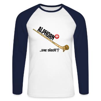 Alphorn Schweiz was söscht - Unisex Baseballshirt langarm - Weiß/Navy - Vorne - Nik (191cm)