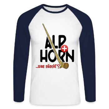 Alphorn Schweiz was söscht - Unisex Baseballshirt langarm - Weiß/Navy - Vorne - Nik (191cm)