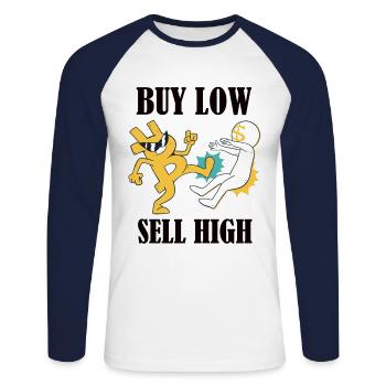 Finance - Crypto-monnaie - Acheter bas, vendre haut - T-shirt baseball manches longues Homme - blanc/marine - Devant - Nik (191cm)