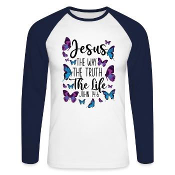 Citation de verset biblique chrétien - T-shirt baseball manches longues Homme - blanc/marine - Devant - Nik (191cm)