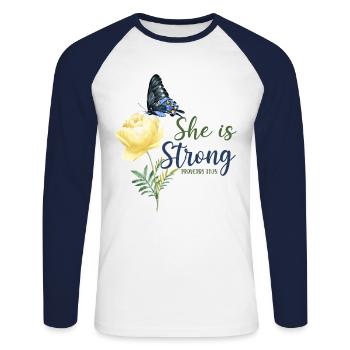 Christian Bible Verse Butterfly - Unisex Baseballshirt langarm - Weiß/Navy - Vorne - Nik (191cm)