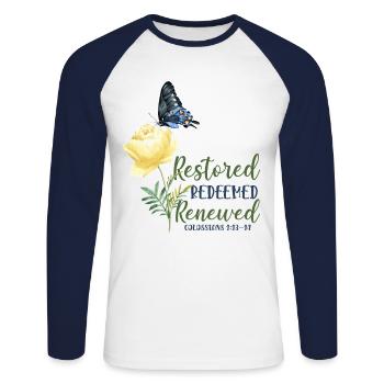 Christian Bible Verse Butterfly - Unisex Baseballshirt langarm - Weiß/Navy - Vorne - Nik (191cm)