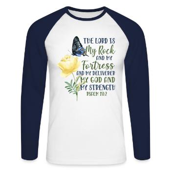 Christian Bible Verse Quote - Unisex Long Sleeve Baseball T-Shirt - white/navy - Front - Nik (191cm)