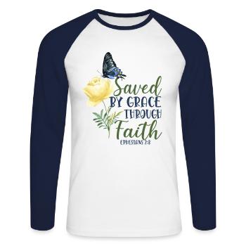 Christian Bible Verse Butterfly - Unisex Baseballshirt langarm - Weiß/Navy - Vorne - Nik (191cm)