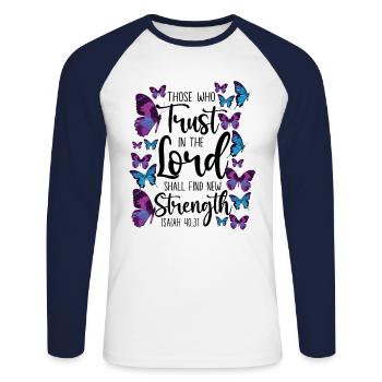 Christian Bible Verse Quote - Unisex Baseballshirt langarm - Weiß/Navy - Vorne - Nik (191cm)