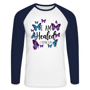 Christian Bible Verse Butterfly I - Unisex Baseballshirt langarm - Weiß/Navy - Vorne - Nik (191cm)