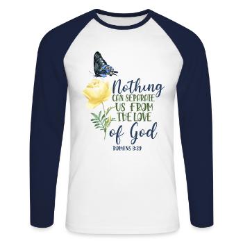 Christian Bible Verse Butterfly - Unisex Baseballshirt langarm - Weiß/Navy - Vorne - Nik (191cm)