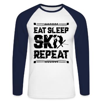 Eat Sleep Ski Repeat - Unisex Long Sleeve Baseball T-Shirt - white/navy - Front - Nik (191cm)