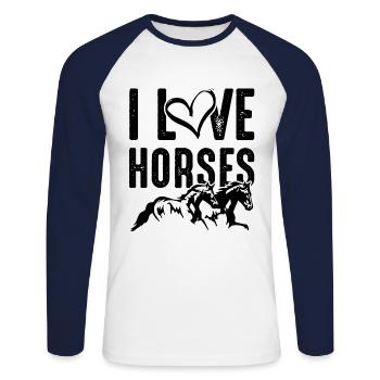 J’adore les chevaux - T-shirt baseball manches longues Homme - blanc/marine - Devant - Nik (191cm)