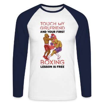 Boxes - Touch my girlfriend - Unisex Long Sleeve Baseball T-Shirt - white/navy - Front - Nik (191cm)