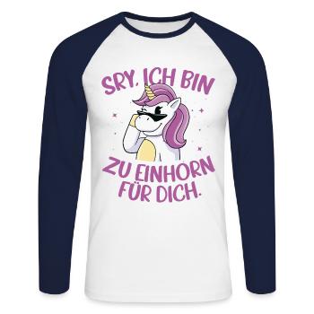 Sorry Ich Bin Zu Einhorn Für Dich Regenbogen Glitz - Unisex Baseballshirt langarm - Weiß/Navy - Vorne - Nik (191cm)
