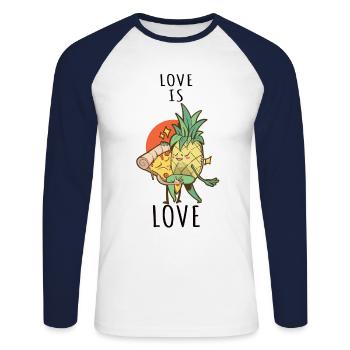 Pizza Hawaii Ananas Pizza Nourriture - T-shirt baseball manches longues Homme - blanc/marine - Devant - Nik (191cm)