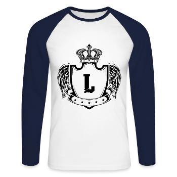 L Letter Coat of Arms - Unisex Long Sleeve Baseball T-Shirt - white/navy - Front - Nik (191cm)