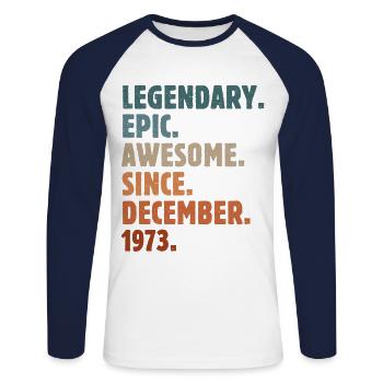 1973 December Vintage Birthday Gift - Unisex Long Sleeve Baseball T-Shirt - white/navy - Front - Nik (191cm)