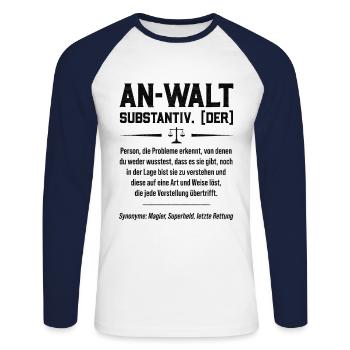 Anwalt Defintion Substantiv Rechtsanwalt Jura Juri - Unisex Baseballshirt langarm - Weiß/Navy - Vorne - Nik (191cm)