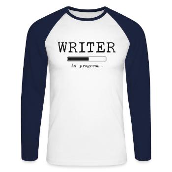 Écrire un futur roman écrivain & - T-shirt baseball manches longues Homme - blanc/marine - Devant - Nik (191cm)