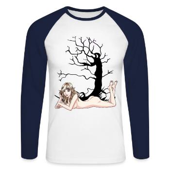 Erotische Elfe Fee Traum Fantasy nackte Frau Natur - Unisex Baseballshirt langarm - Weiß/Navy - Vorne - Nik (191cm)