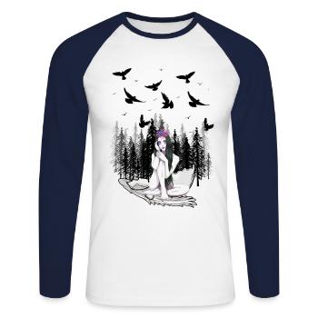 Fantasy Forest Dwellers Nature Fairy Tales Nakde Birds - T-shirt baseball manches longues Homme - blanc/marine - Devant - Nik (191cm)