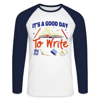 Écriture de livre Roman Écrivain & - T-shirt baseball manches longues Homme - blanc/marine - Devant - Nik (191cm)