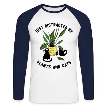 Juste distrait par les plantes et les chats - T-shirt baseball manches longues Homme - blanc/marine - Devant - Nik (191cm)