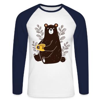 Cute Funny Bear with Tea Coffee Cup Cartoon - Unisex Long Sleeve Baseball T-Shirt - white/navy - Front - Nik (191cm)
