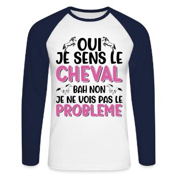 Oui je sens le cheval pas le problème - T-shirt baseball manches longues Homme - blanc/marine - Devant - Nik (191cm)