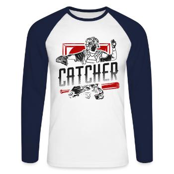 Baseball Fan Catcher Vintage - T-shirt baseball manches longues Homme - blanc/marine - Devant - Nik (191cm)