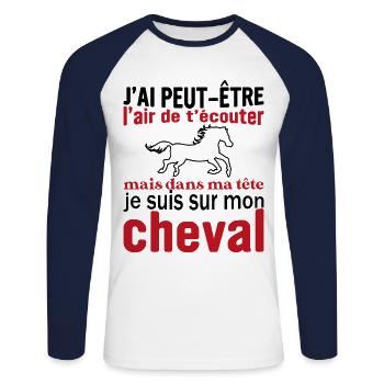 Je suis à cheval - cadeau humour cheval équitation - T-shirt baseball manches longues Homme - blanc/marine - Devant - Nik (191cm)