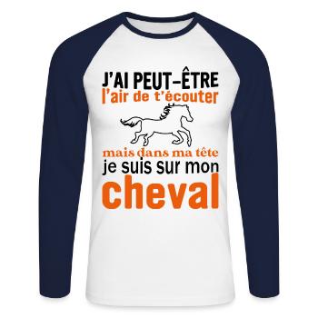 Je suis à cheval - cadeau humour cheval équitation - T-shirt baseball manches longues Homme - blanc/marine - Devant - Nik (191cm)
