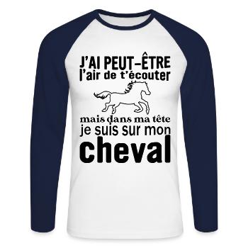 Je suis à cheval - cadeau humour cheval équitation - T-shirt baseball manches longues Homme - blanc/marine - Devant - Nik (191cm)
