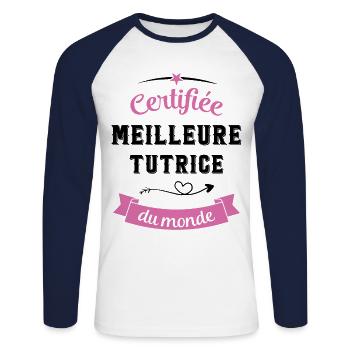 Certifiée meilleure tutrice du monde - T-shirt baseball manches longues Homme - blanc/marine - Devant - Nik (191cm)