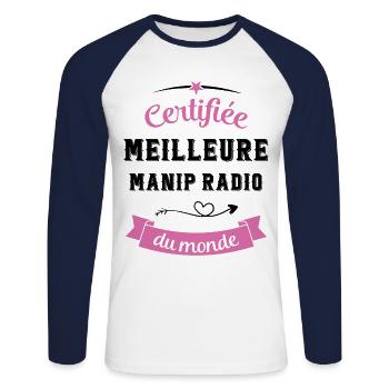 Certifiée meilleure manip radio du monde - T-shirt baseball manches longues Homme - blanc/marine - Devant - Nik (191cm)