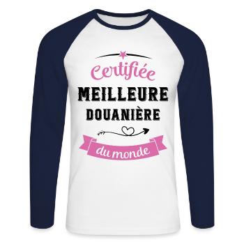 Certifiée douanière du monde - T-shirt baseball manches longues Homme - blanc/marine - Devant - Nik (191cm)