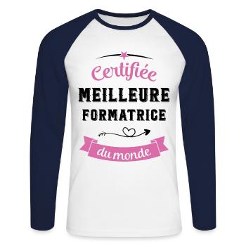 Certifiée meilleure formatrice du monde - T-shirt baseball manches longues Homme - blanc/marine - Devant - Nik (191cm)