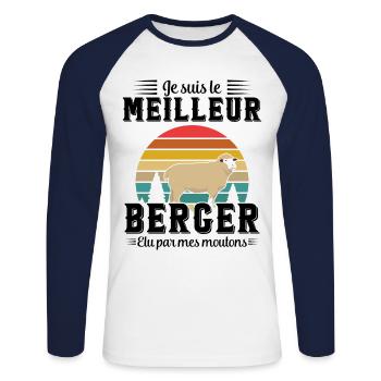 Berger élu par les moutons cadeau humour - T-shirt baseball manches longues Homme - blanc/marine - Devant - Nik (191cm)