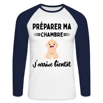 Cadeau Annonce De Grossesse Future Maman Enceinte - T-shirt baseball manches longues Homme - blanc/marine - Devant - Nik (191cm)