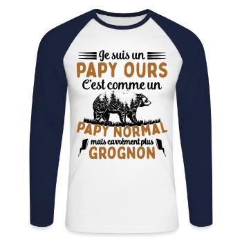 Je suis un papy ours grognon, cadeau humour papy - T-shirt baseball manches longues Homme - blanc/marine - Devant - Nik (191cm)