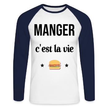 Manger c'est la vie Hamburger Humour - T-shirt baseball manches longues Homme - blanc/marine - Devant - Nik (191cm)