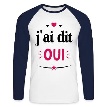 J'ai dit oui - Cadeau futur Mariés - T-shirt baseball manches longues Homme - blanc/marine - Devant - Nik (191cm)
