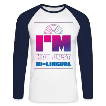 Bisexuel Bi Pride Flag Jeu de mots Je ne suis pas - T-shirt baseball manches longues Homme - blanc/marine - Devant - Nik (191cm)