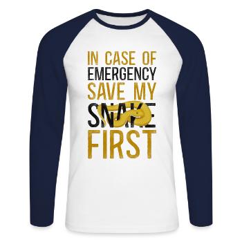 Snake Serpent In Case Of Emergency - Unisex Long Sleeve Baseball T-Shirt - white/navy - Front - Nik (191cm)