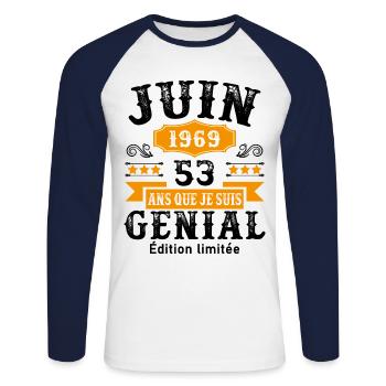 53 Ans Anniversaire Vintage Né(e) en Juin 1969 - T-shirt baseball manches longues Homme - blanc/marine - Devant - Nik (191cm)