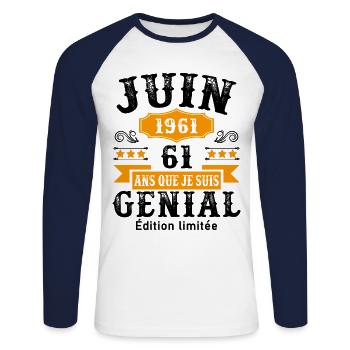 61 Ans Anniversaire Vintage Né(e) en Juin 1961 - T-shirt baseball manches longues Homme - blanc/marine - Devant - Nik (191cm)