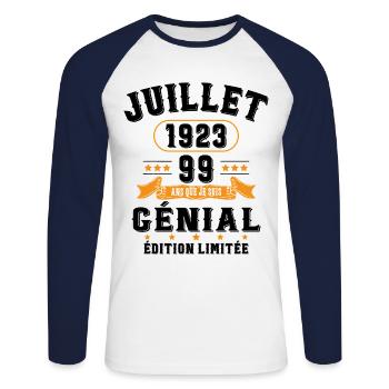 99 Ans Anniversaire Vintage Né(e) en Juillet 1923 - T-shirt baseball manches longues Homme - blanc/marine - Devant - Nik (191cm)
